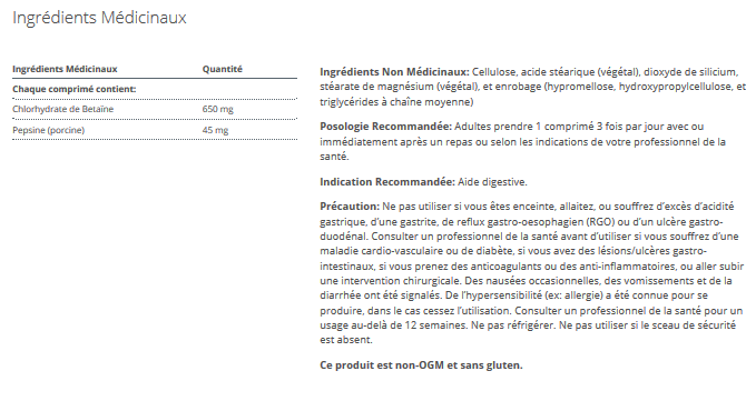 SpectraZyme Betaine HCl + Pepsine (Anciennement SpectraZyme METAGEST)